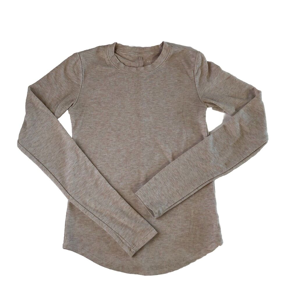 American Eagle Womens Super Soft Curved Hem L/S Tee Heathered Beige⁠ Small